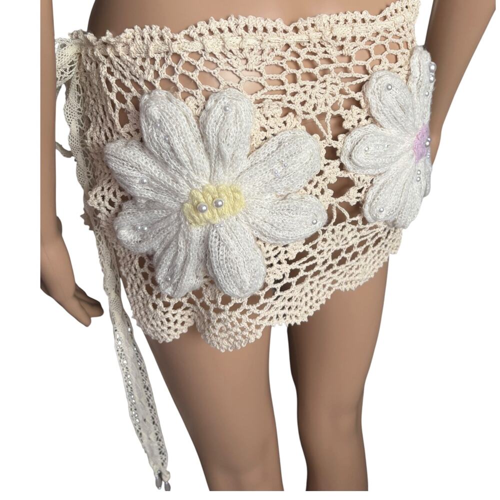 Upcycled Crochet Flower Mini Skirt Sheer Lace Wrap Ibiza Coquette Festival Fairy - Picture 6 of 6